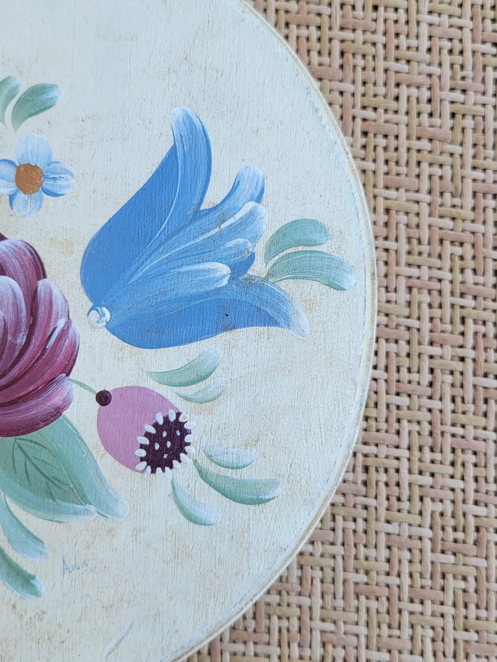 Vintage Hand Painted Floral Heart Handle Wooden Mirror